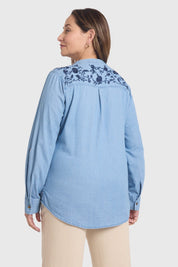 Blusa Mujer Denim Bordada Azul