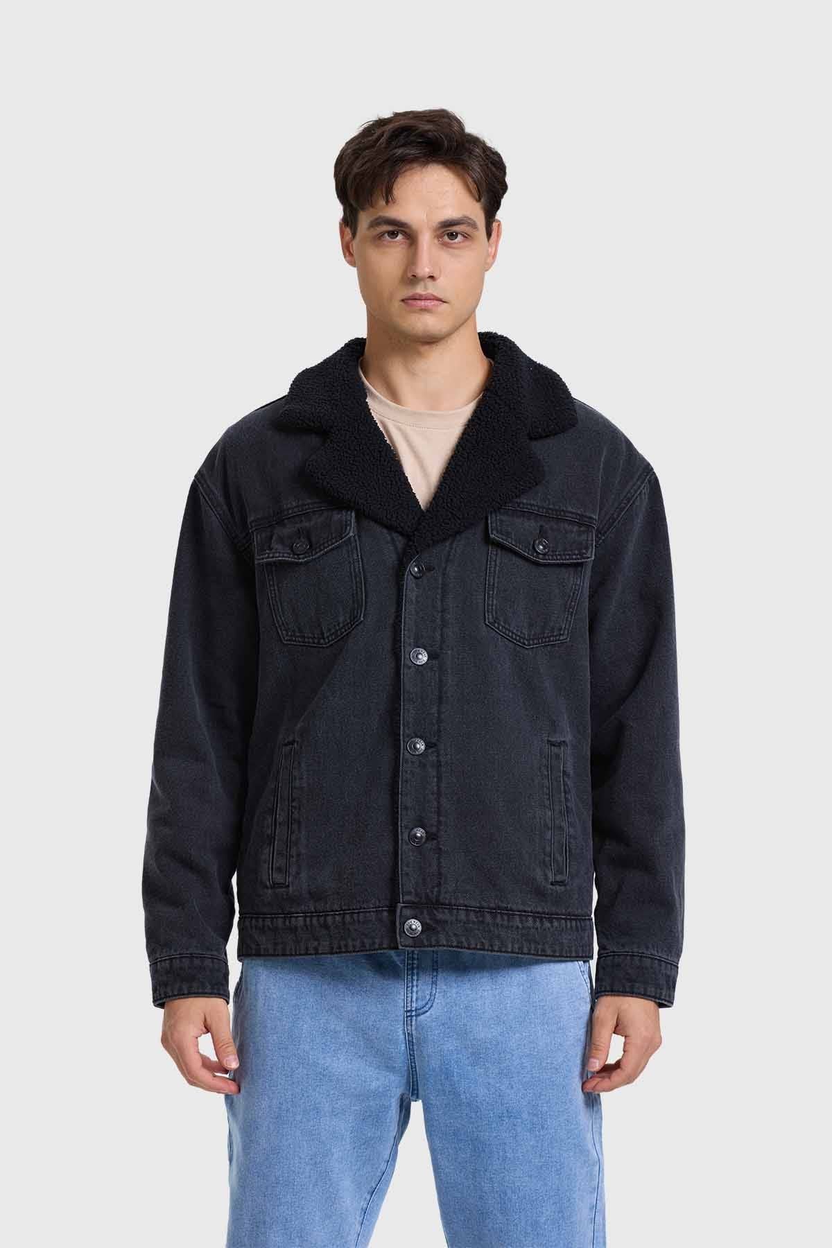 Chaqueta Hombre Denim Con Cuello Negro
