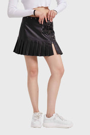 Falda Mujer Tableada Efecto Cuero Negro