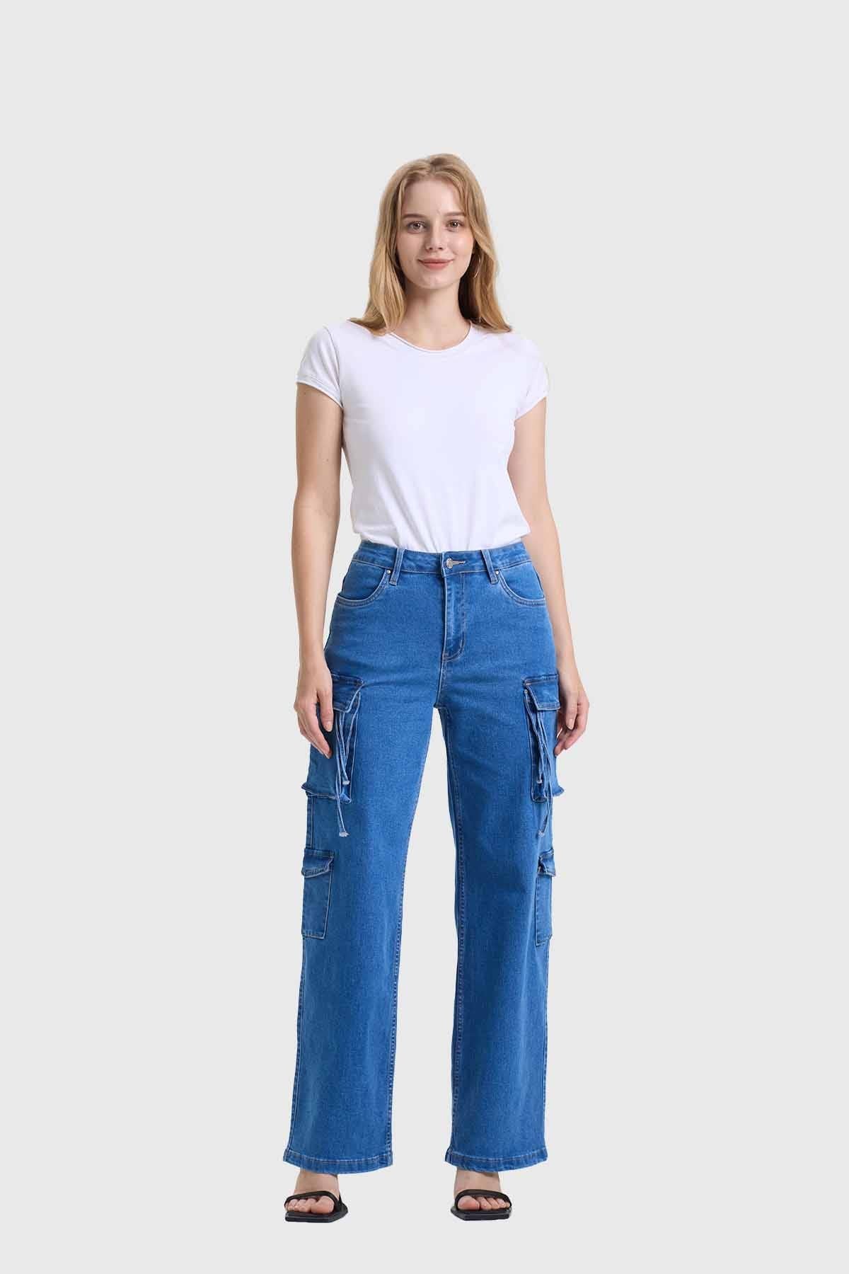 Jeans Mujer Recto Cargo Azul