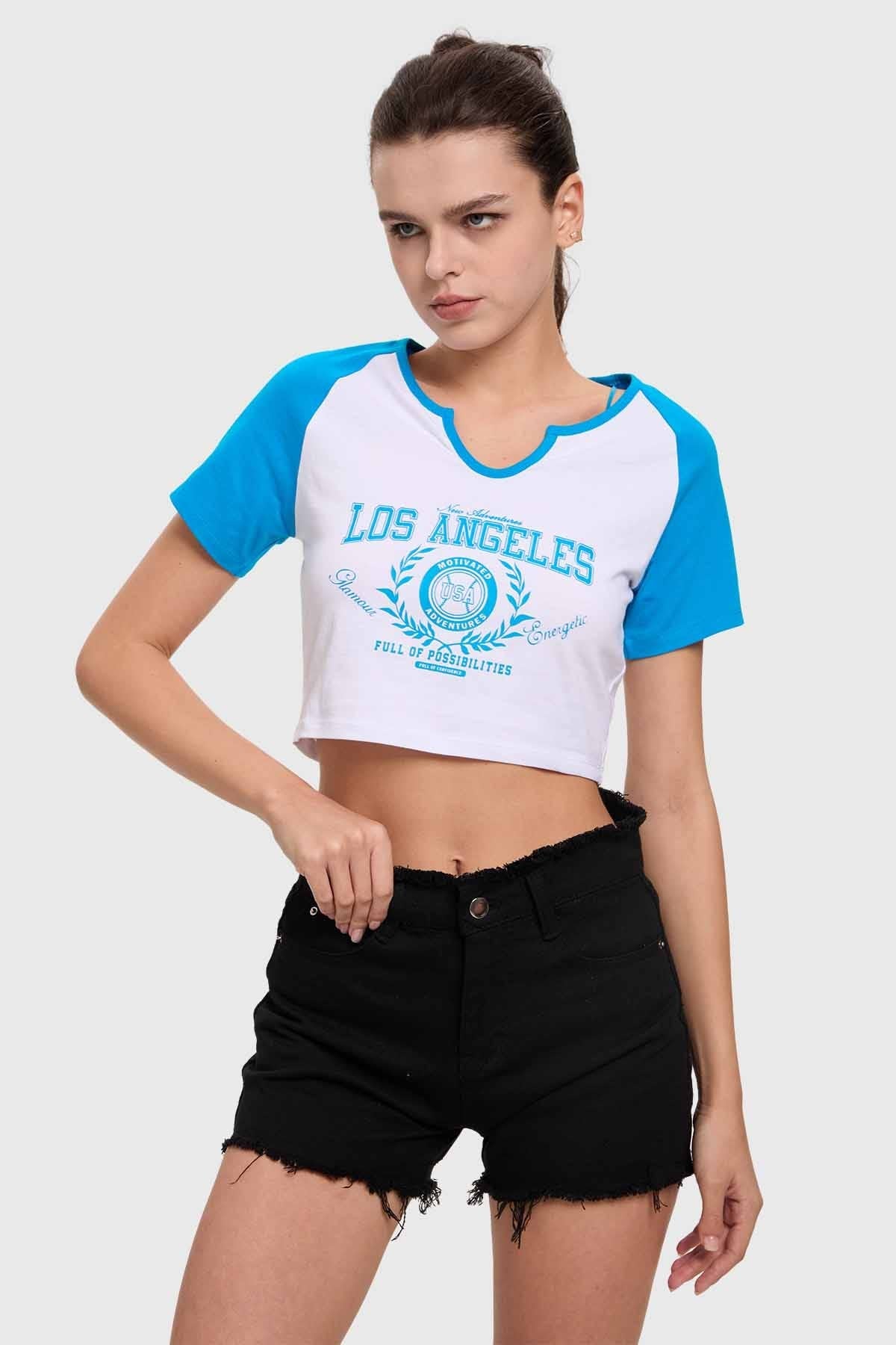 Polera Mujer Crop Estampado Azul