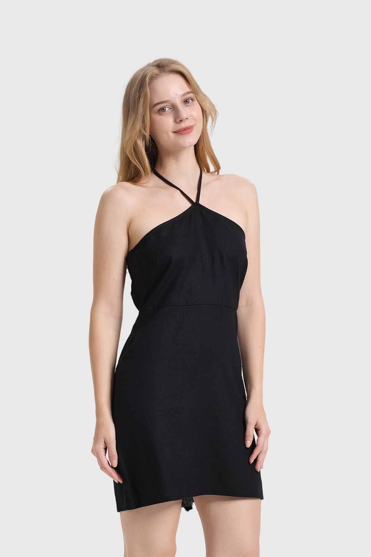 Vestido Mujer Halter Lino Negro