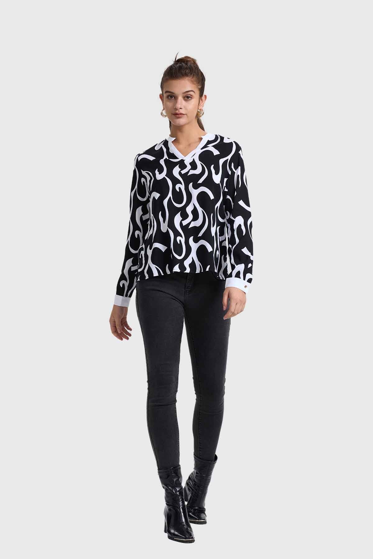 Blusa Mujer Escote V Print Negro