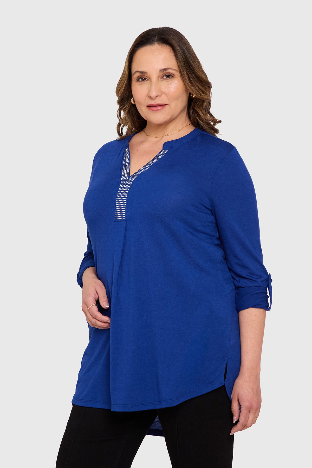 Polera Mujer Manga Roll Up Azul