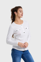 Polera Mujer Pata Botón Rib Crudo