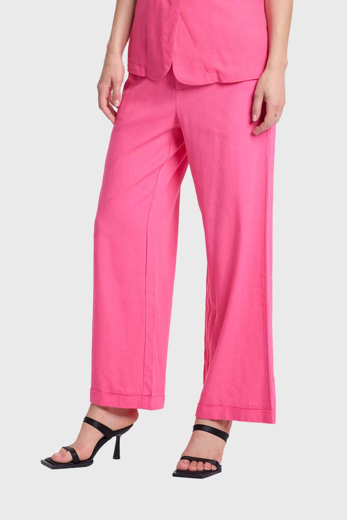 Pantalón Mujer Lino Sastrero Dobladillo Rosado