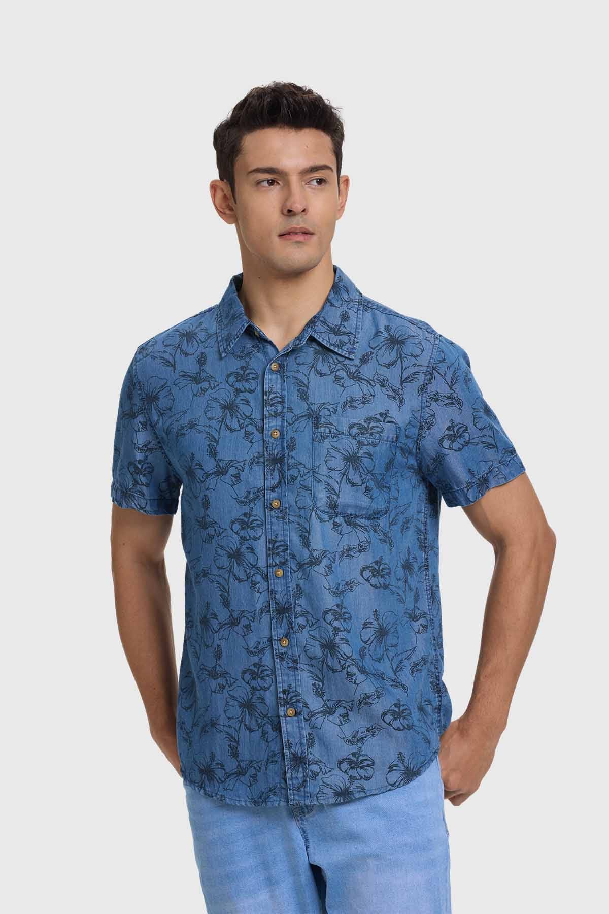 Camisa Hombre Denim Slim Floreada Azul