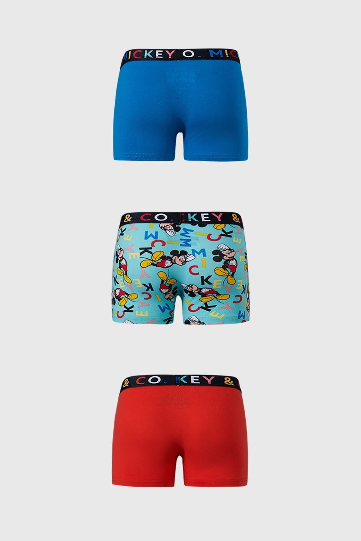 Boxer niño color calipso con estampado de Mickey y amigos, tres modelos diferentes.