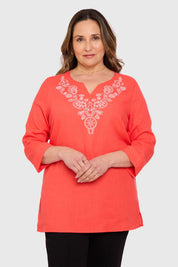 Blusa Mujer Lino Roll Up Coral