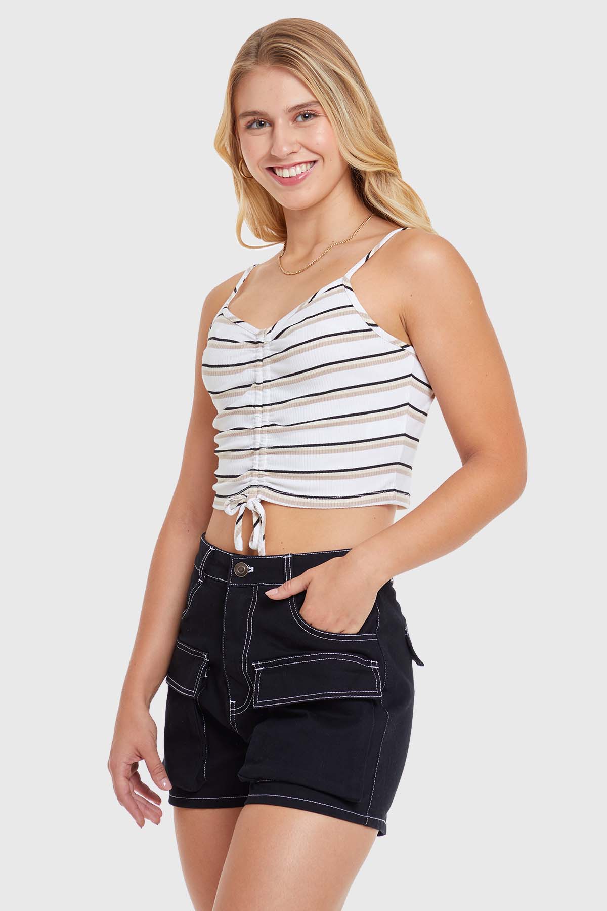Polera Mujer Top Rayas Recogido Nude