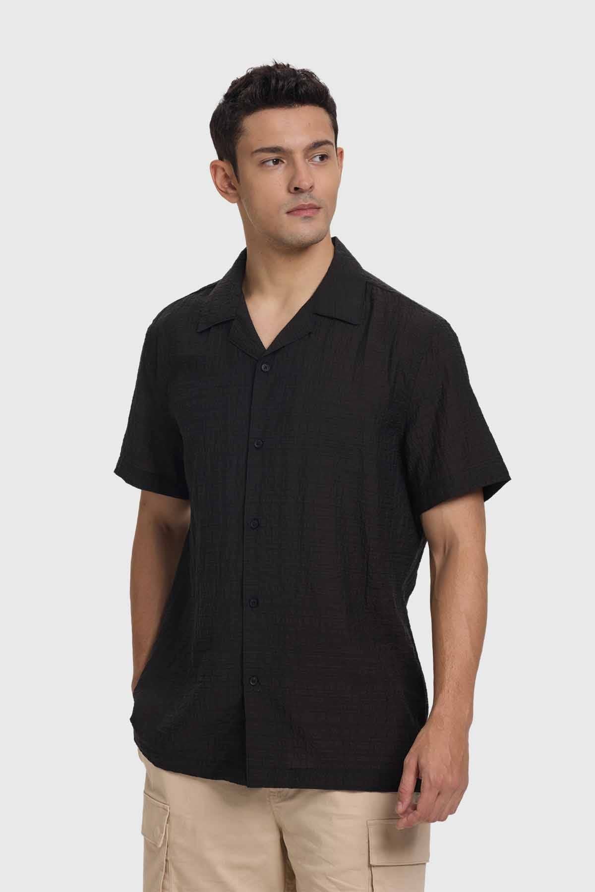 Camisa Hombre Textura Guayabera Negro