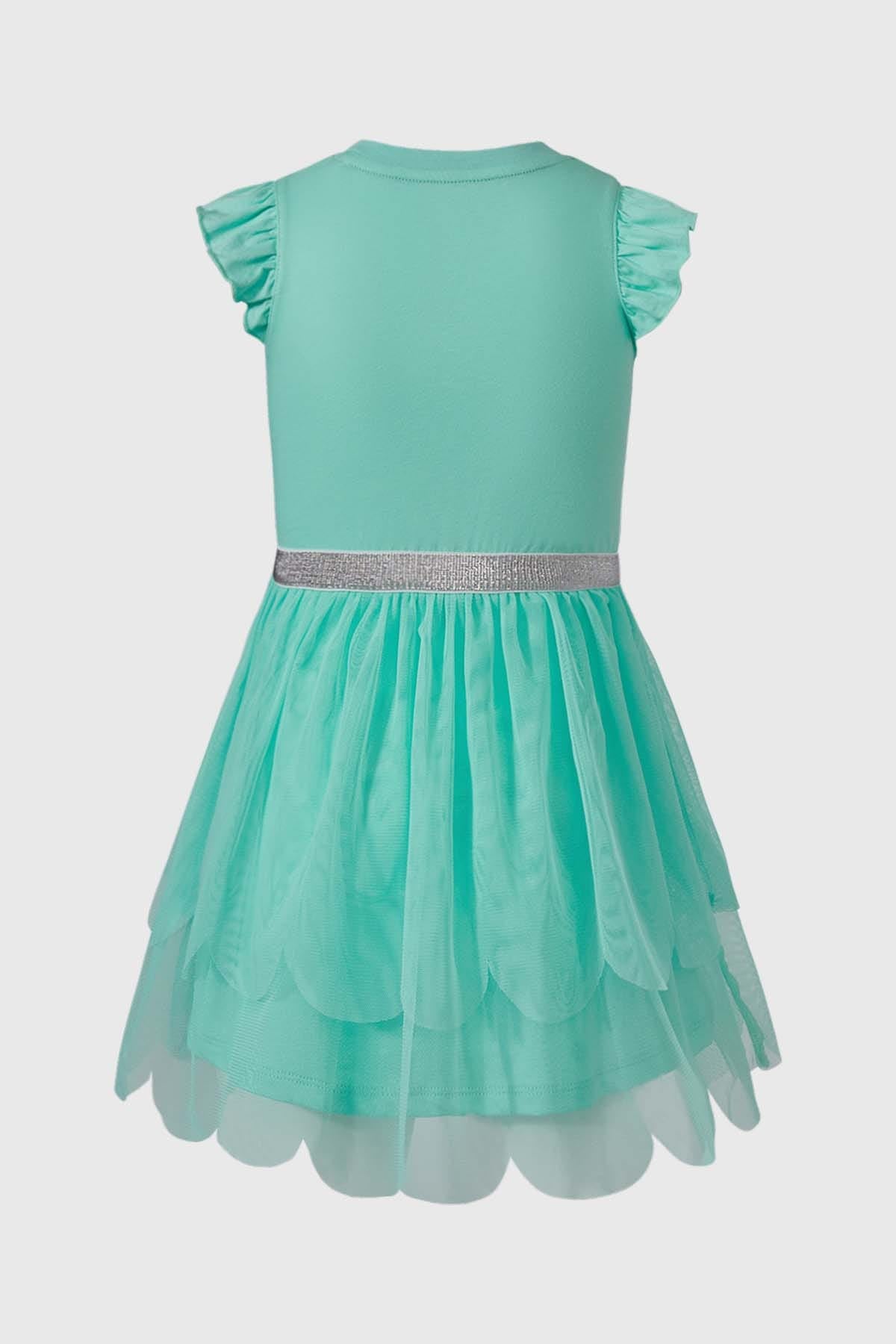 Vestido menta para niña con estampado de princesas y falda de tul.