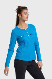 Polera Mujer Pata Botón Rib Azul