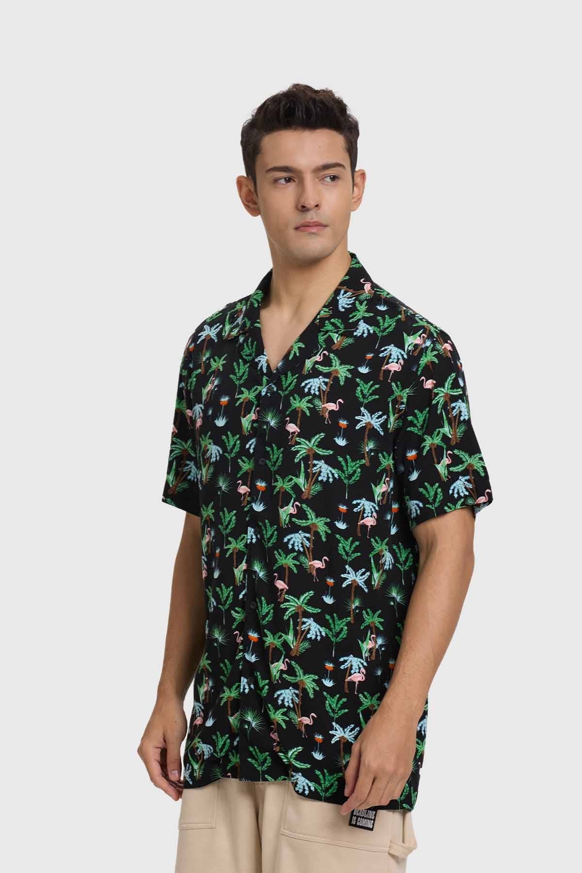 Camisa Hombre Print Tropical Negro