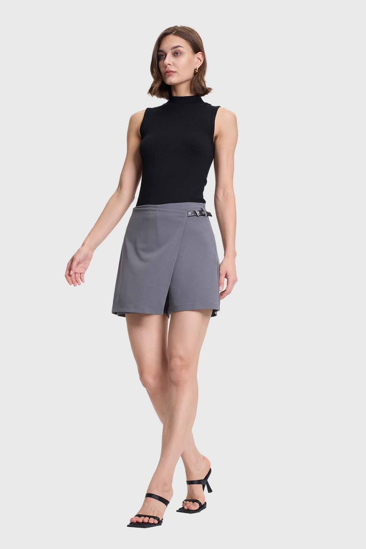 Falda Short Mujer Aplicación Lateral Cintura Gris