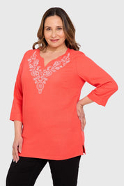 Blusa Mujer Lino Roll Up Coral