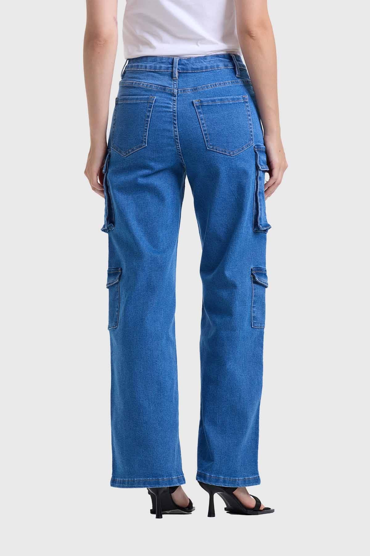 Jeans Mujer Recto Cargo Azul