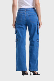 Jeans Mujer Recto Cargo Azul