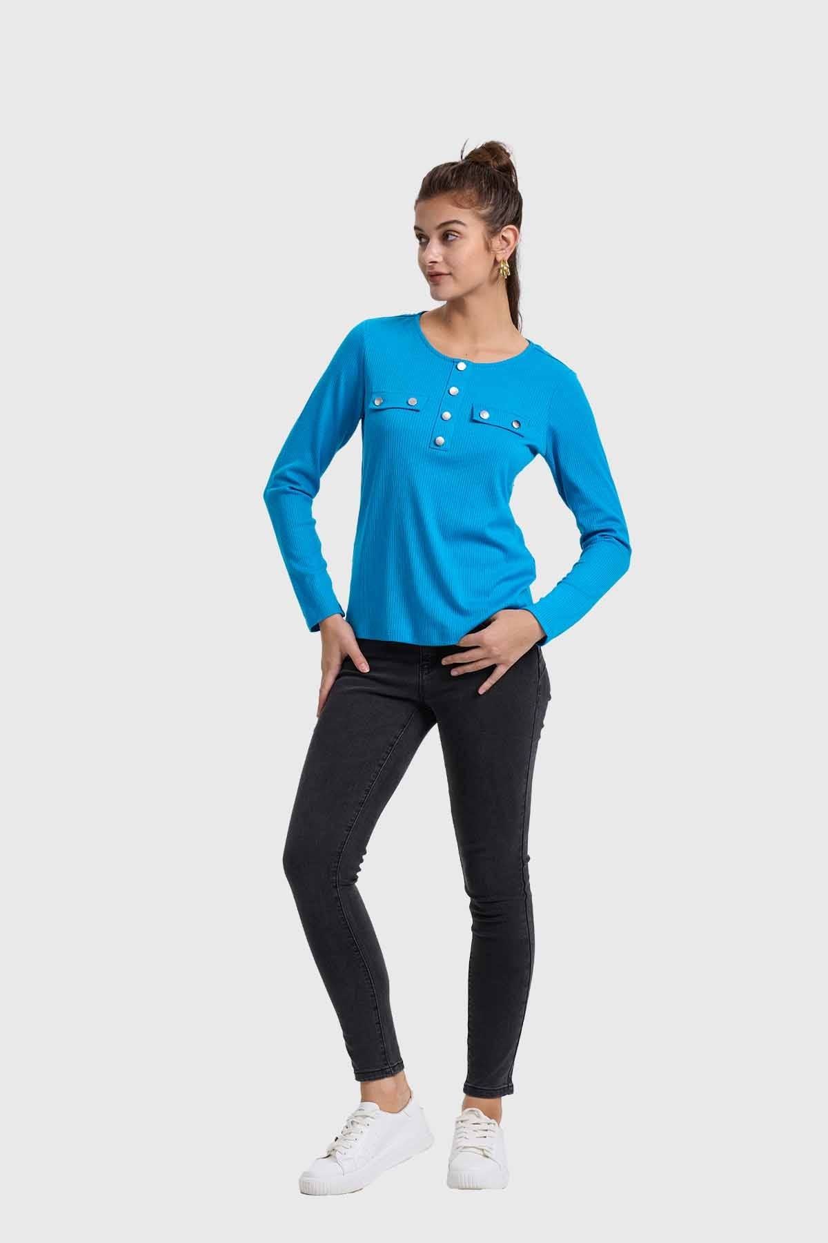 Polera Mujer Pata Botón Rib Azul