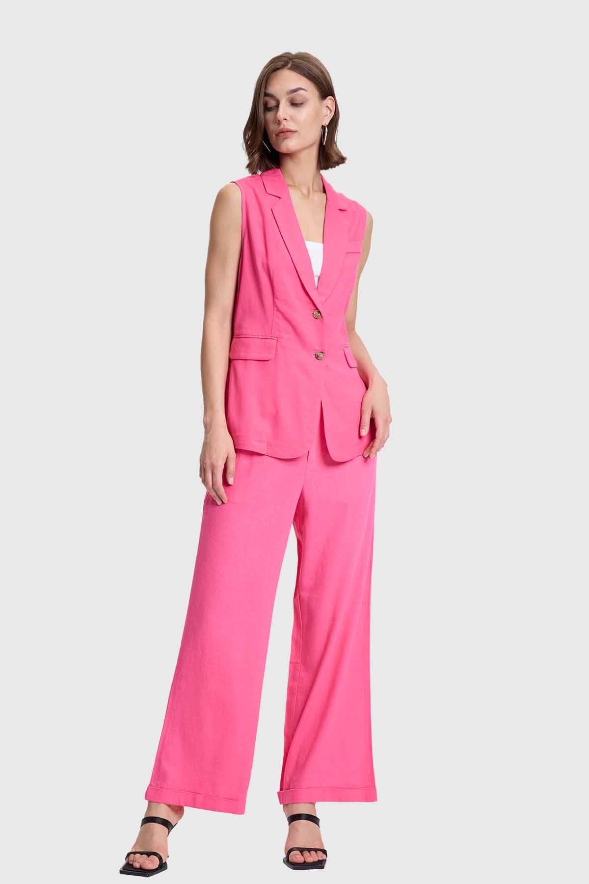 Pantalón Mujer Lino Sastrero Dobladillo Rosado