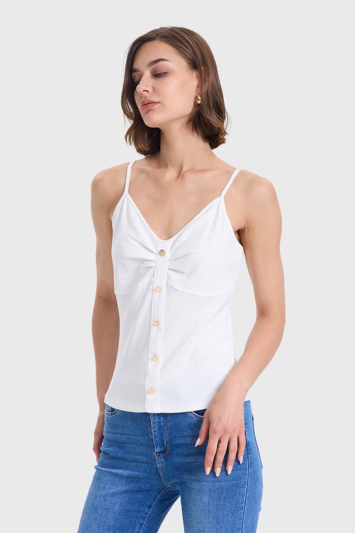 Polera Mujer Pábilo Rib Botones Crudo