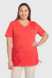 Polera Mujer Print & Strass Coral