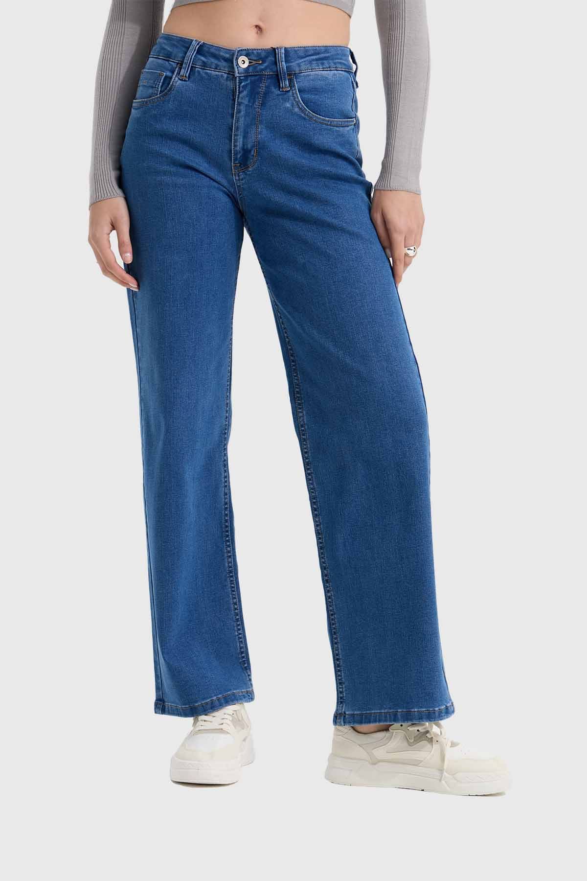 Fashion's Park Buzo Pata Ancha Jeans Wide Leg Azul Denim