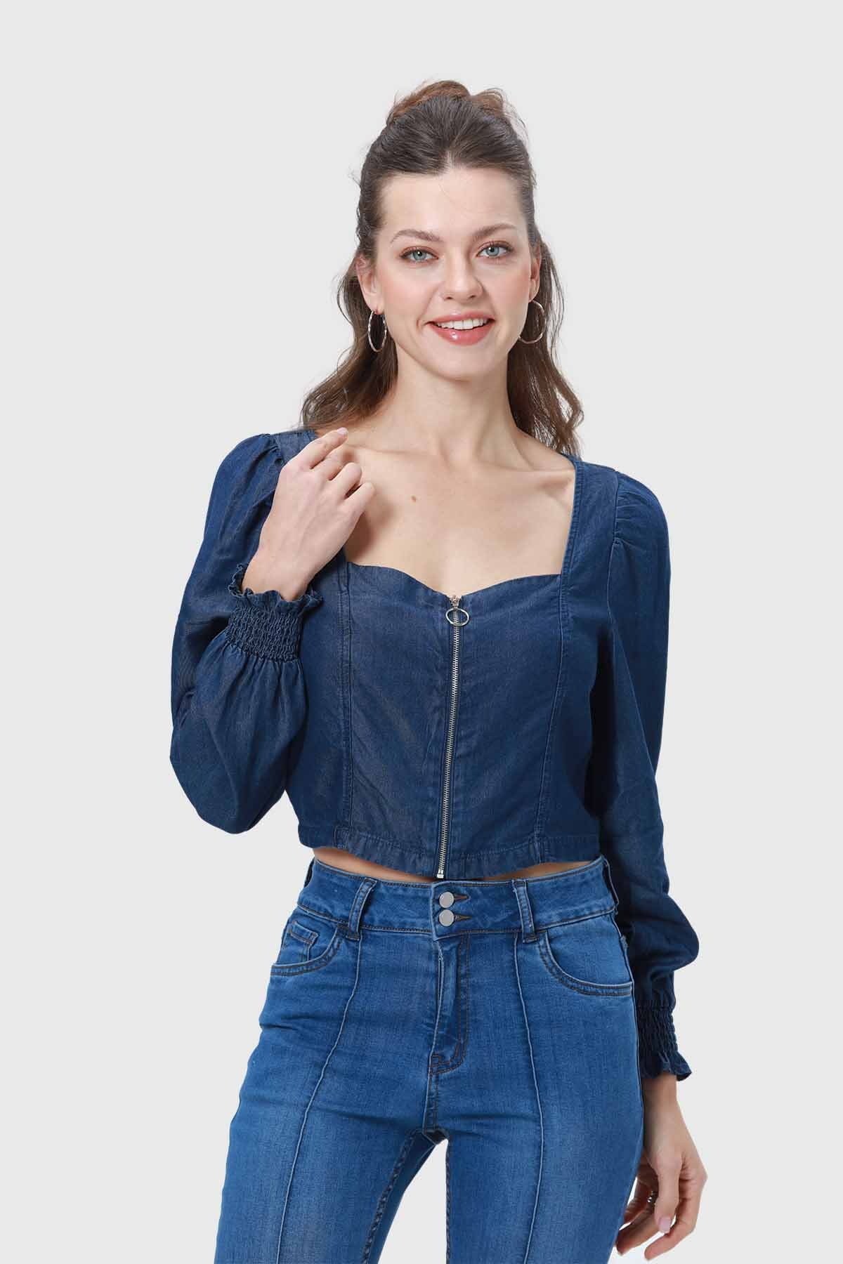 Blusa Mujer Escote Corazón Azul