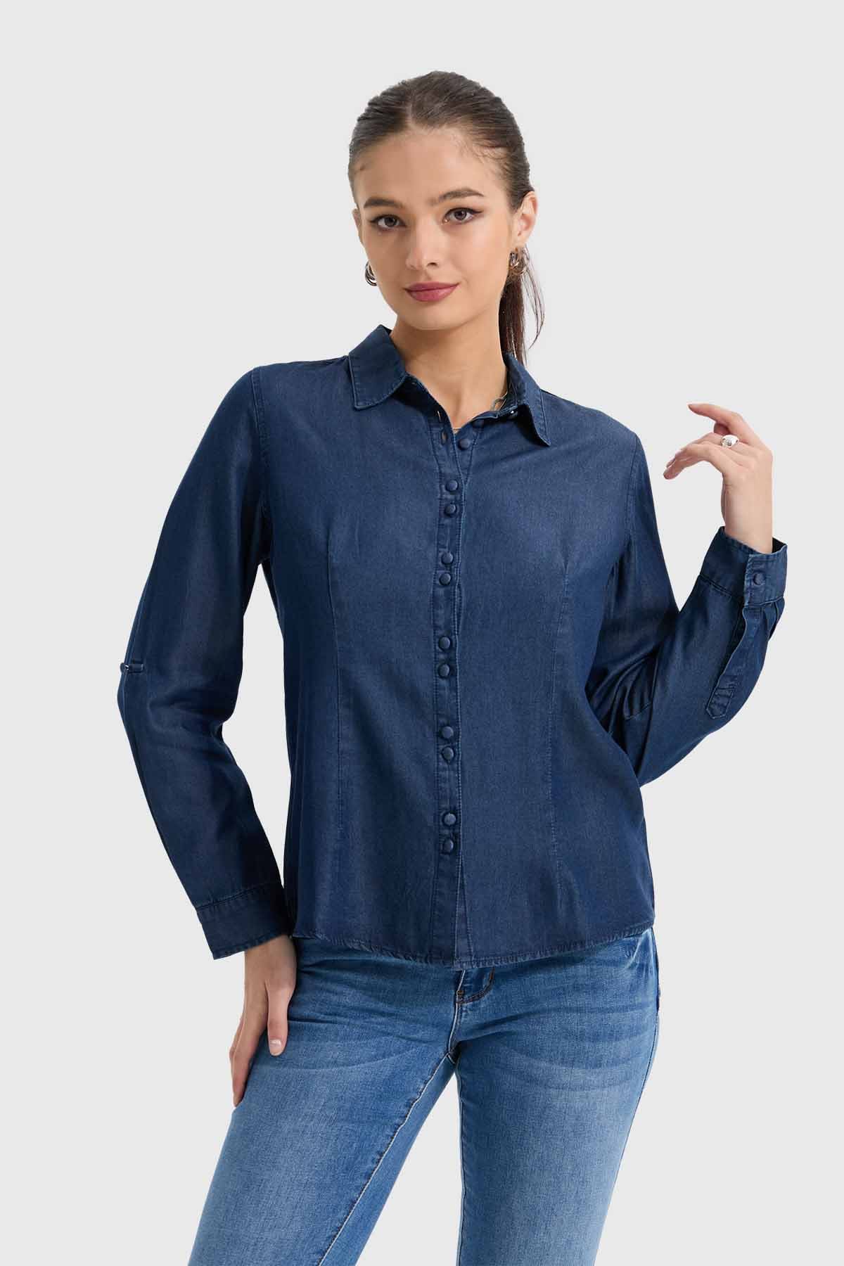 Blusa entallada denim azul oscuro con botones – Fashion´s Park