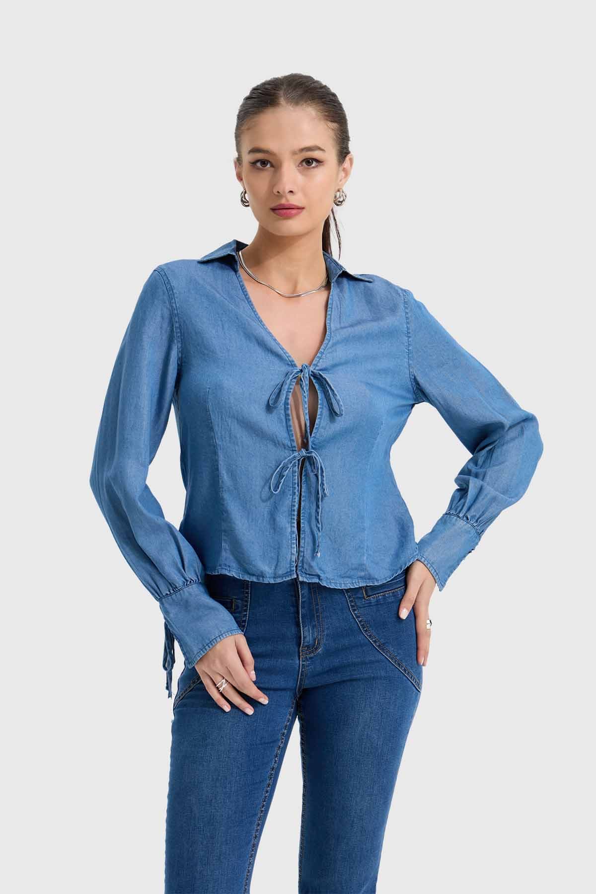 Blusa clasica azul denim suave y fresca estilo casual – Fashion´s Park