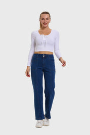 Jeans Mujer Linea Bolsillo Calce Recto Azul