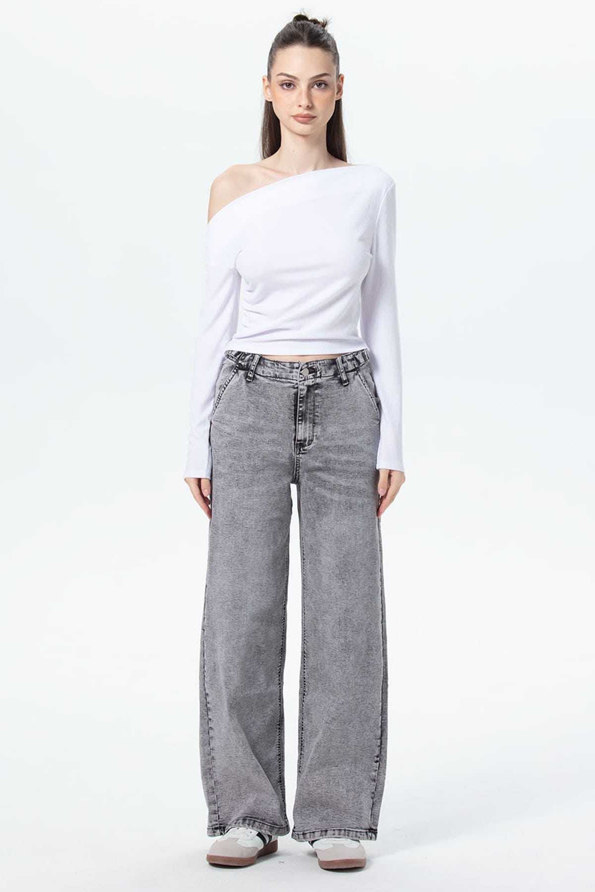 Jeans Mujer Wide Leg Cargo Gris