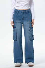 Jeans Mujer Bolsillo Calce Recto Azul