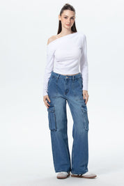 Jeans Mujer Bolsillo Calce Recto Azul