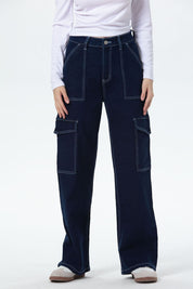 Jeans Mujer Cargo Calce Recto Azul Oscuro