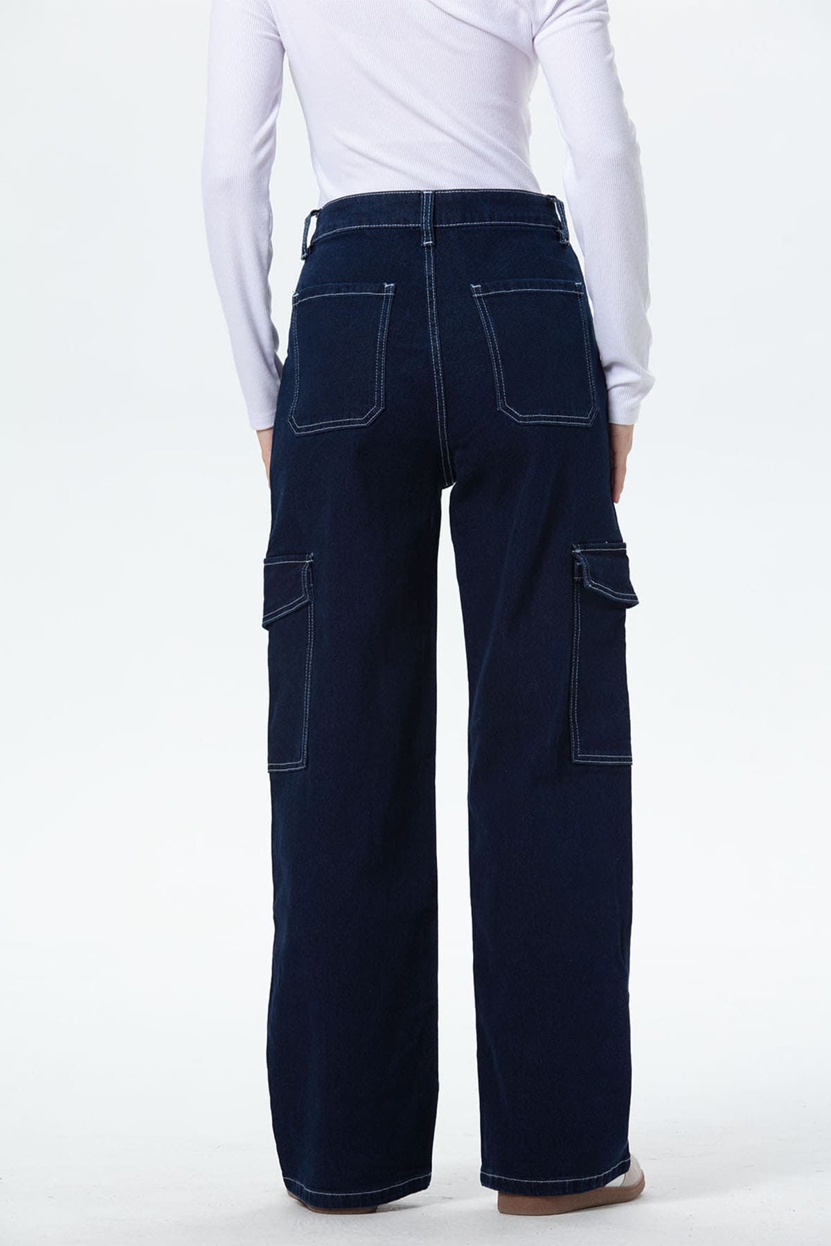 Jeans Mujer Cargo Calce Recto Azul Oscuro