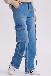 Jeans Mujer Calce Recto Cargo Azul