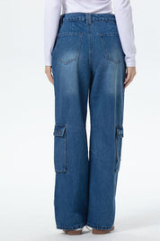 Jeans Mujer Cargo Calce Recto Azul