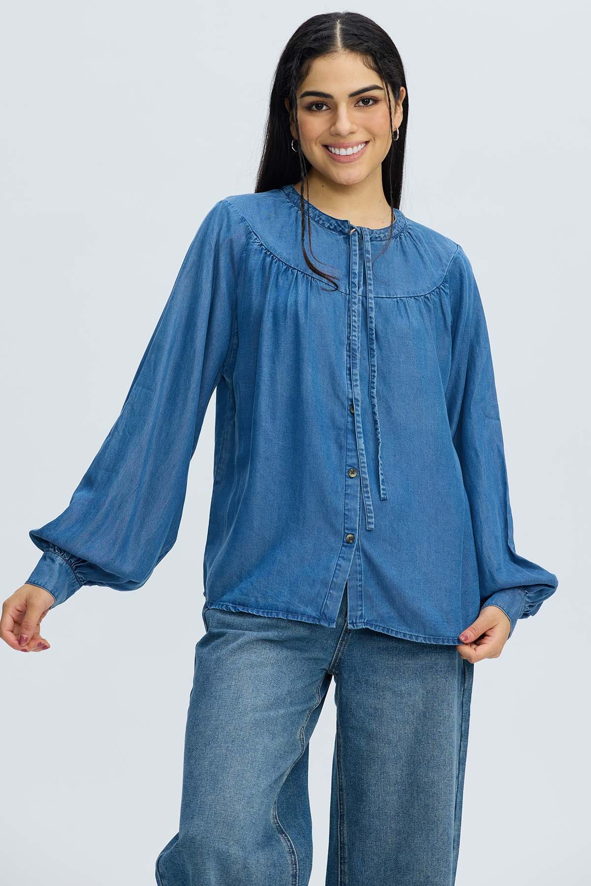 Blusa Mujer Boho Botones Azul