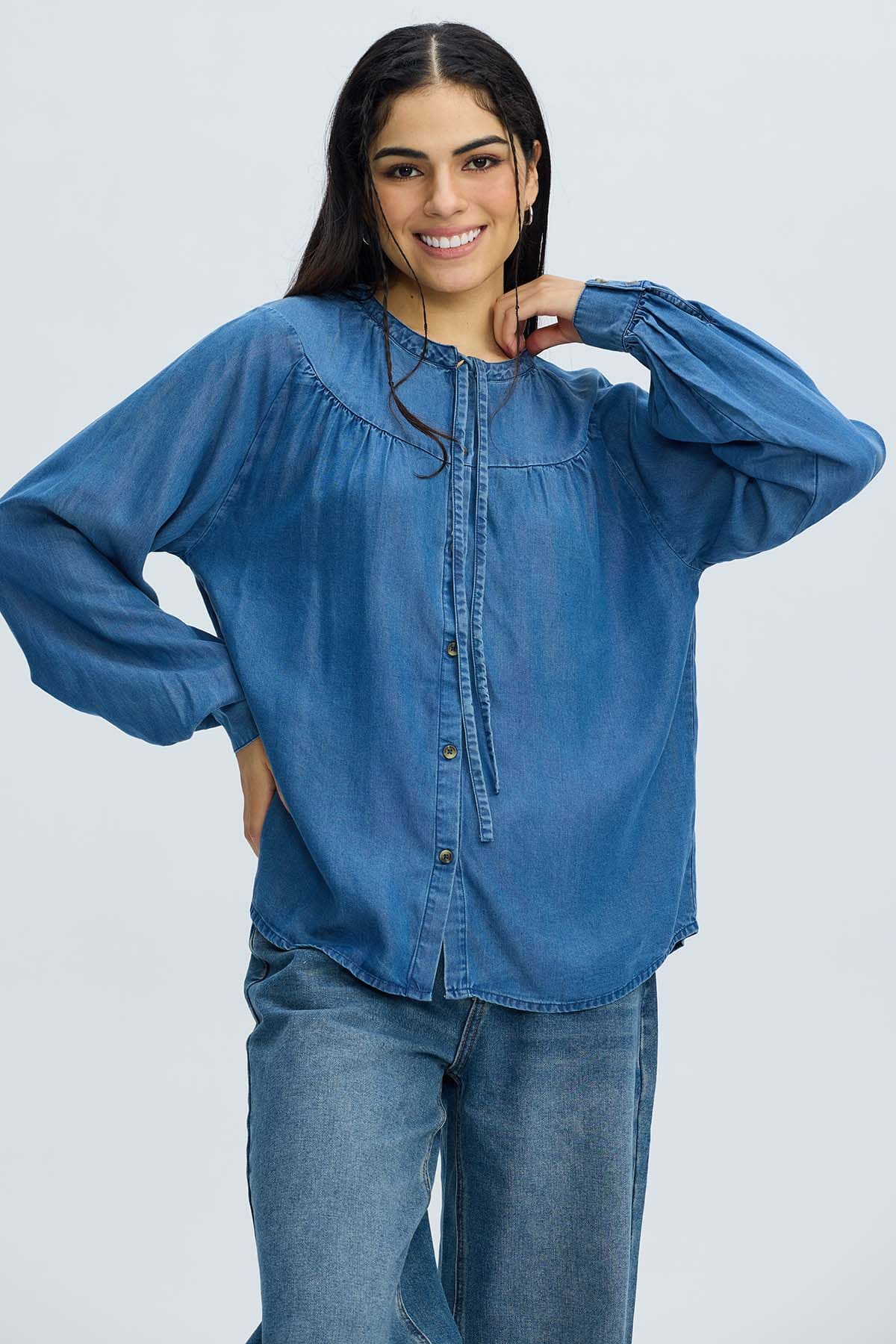 Blusa Mujer Boho Botones Azul