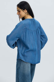 Blusa Mujer Boho Botones Azul
