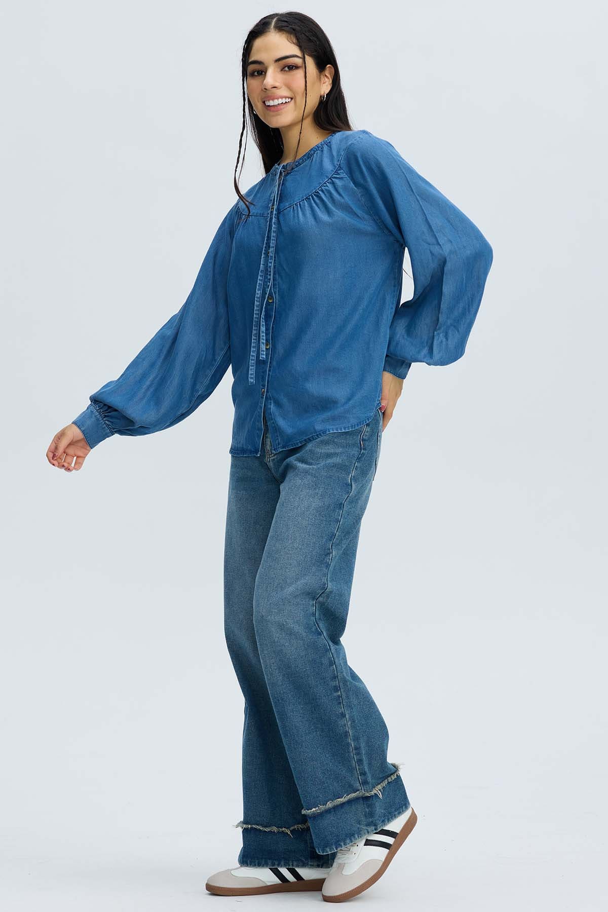 Blusa Mujer Boho Botones Azul