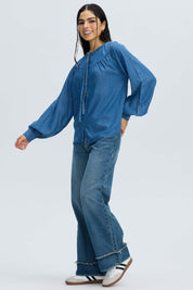 Blusa Mujer Boho Botones Azul