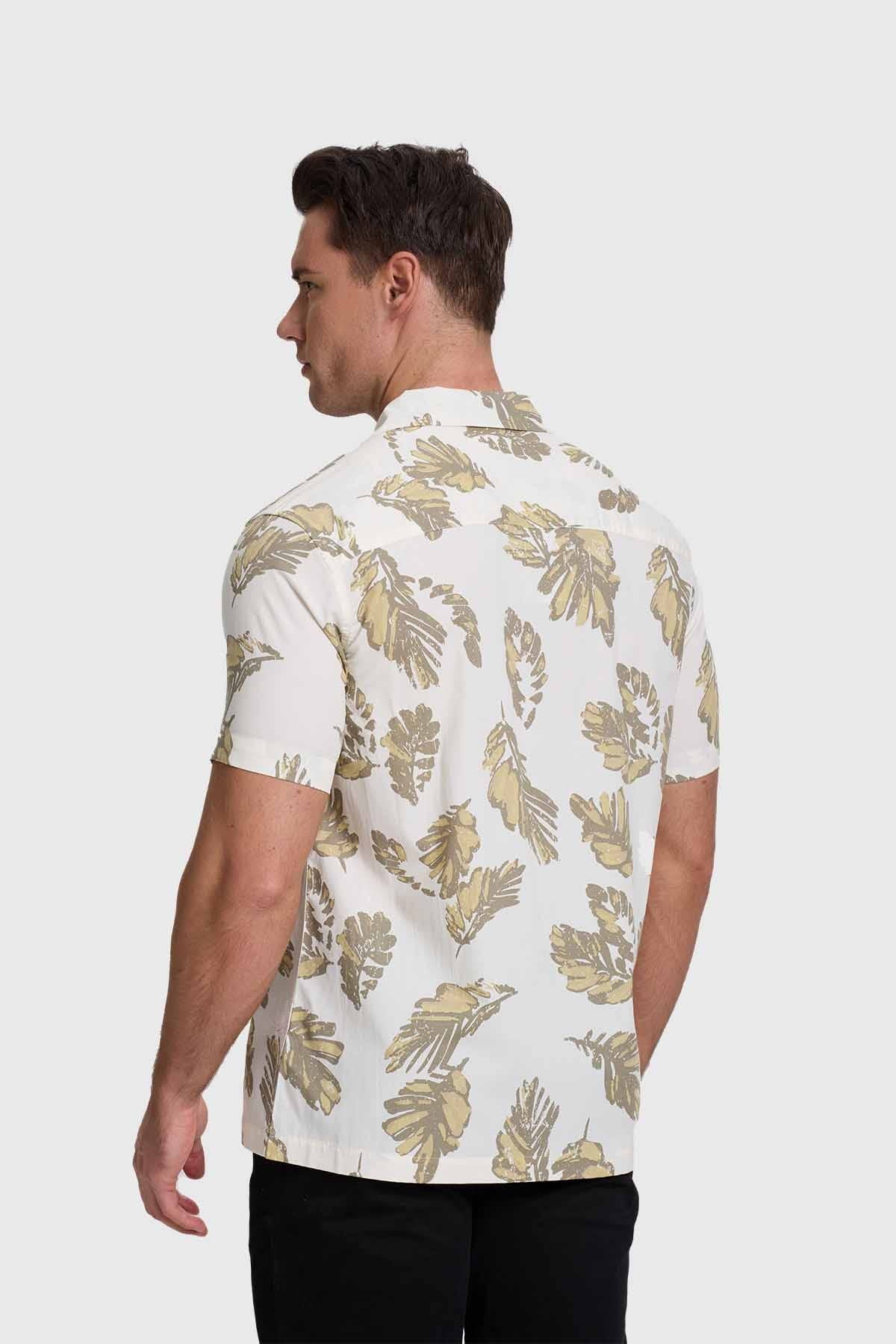 Camisa Hombre Print Hojas Blanco