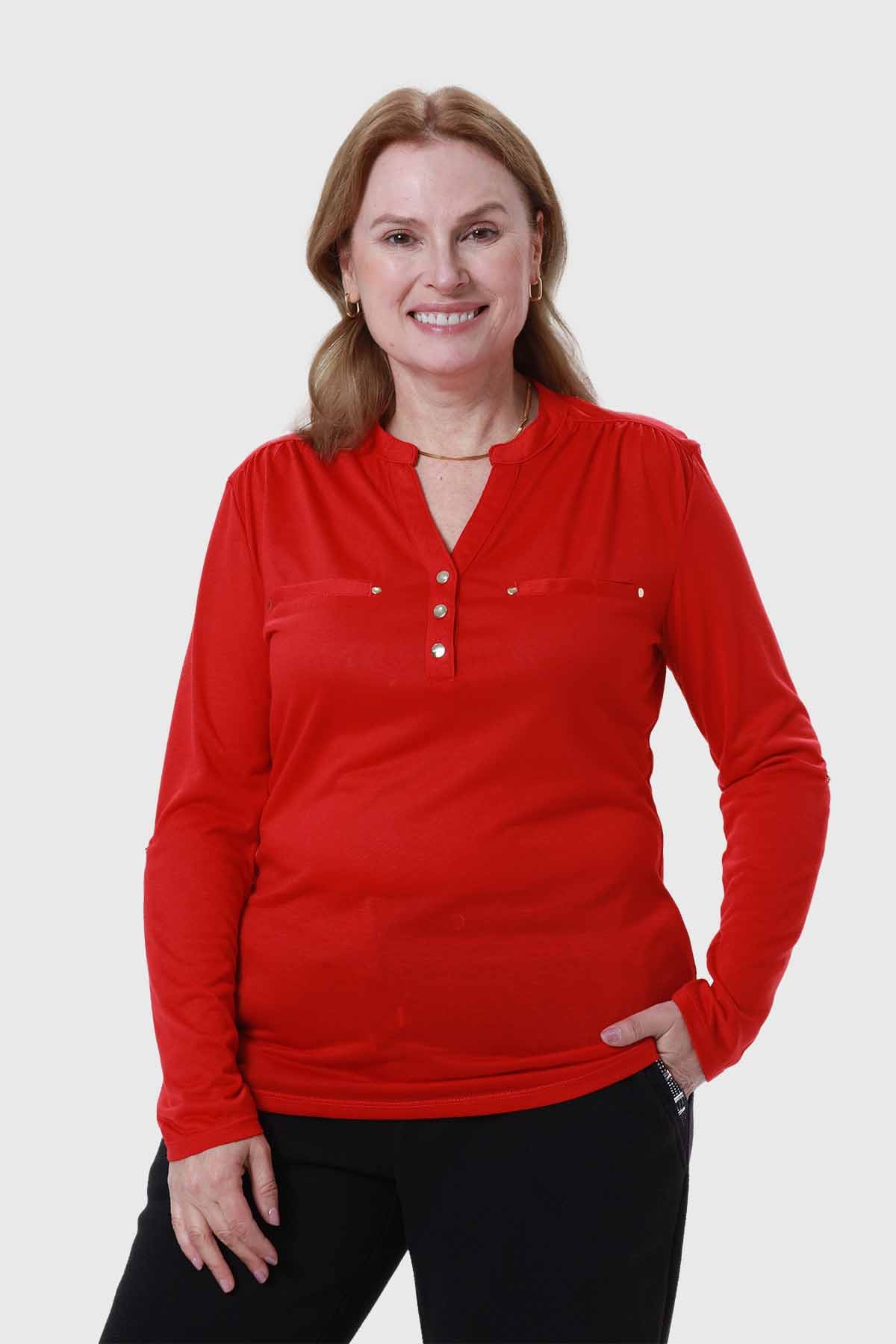 Polera Mujer Cuello Abotonado Rojo