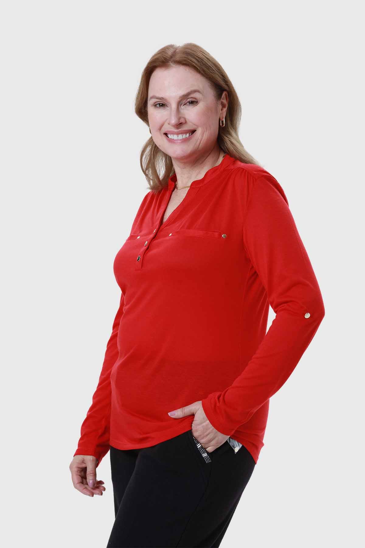 Polera Mujer Cuello Abotonado Rojo