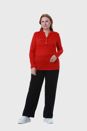 Polera Mujer Cuello Abotonado Rojo