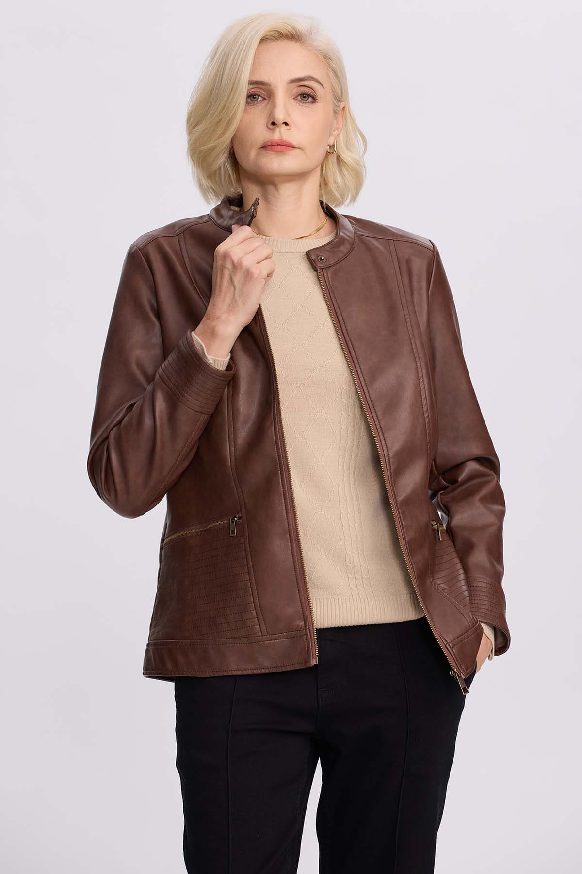 Chaqueta Mujer Efecto Cuero Cafe Oscuro – Fashion´s Park