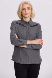 Blusa Mujer Denim Bordada Negro