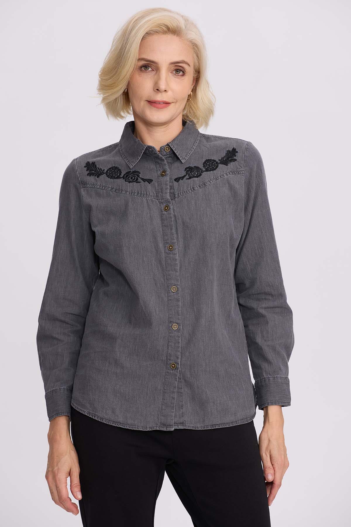 Blusa Mujer Denim Bordada Negro